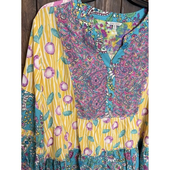 John Mark Womens 3X Cherries Paisley Patchwork Yellow Teal Tunic NWT - Picture 2 of 12
